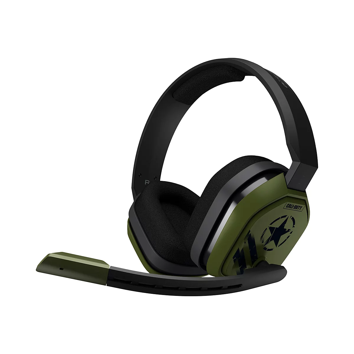 Gaming-Headset im olivgrünen Call of Duty Design mit schwarzem Bügel, weichen Polstern und klappbarem Mikrofonarm.