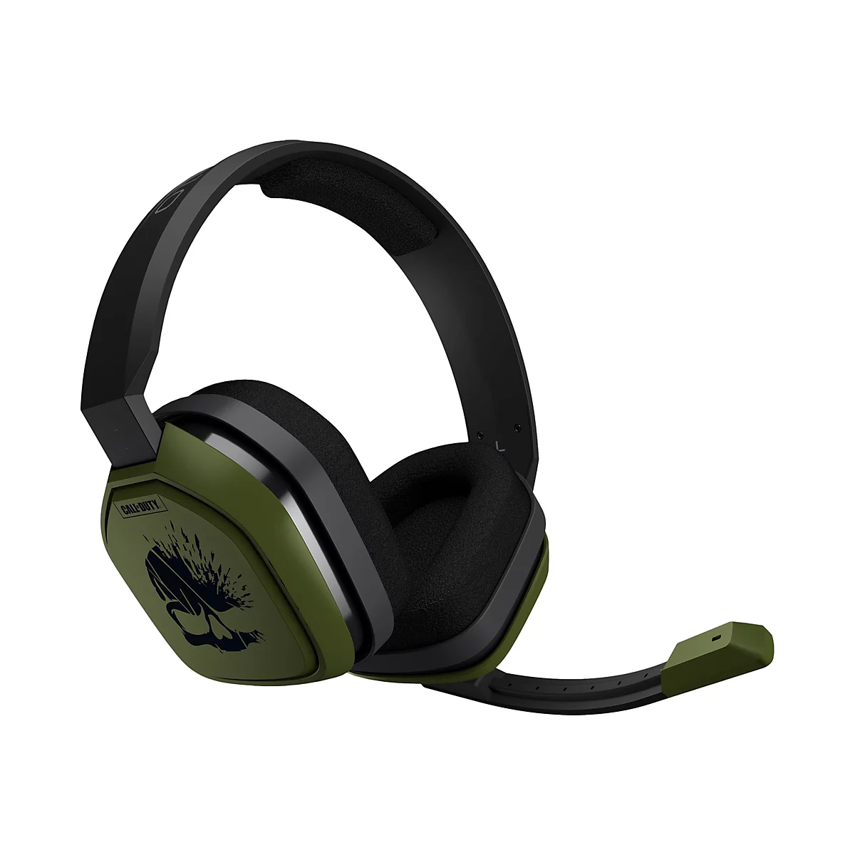 Gaming-Headset in Olivgrün und Schwarz mit Call of Duty Logo auf der Ohrmuschel und ausziehbarem Mikrofon.