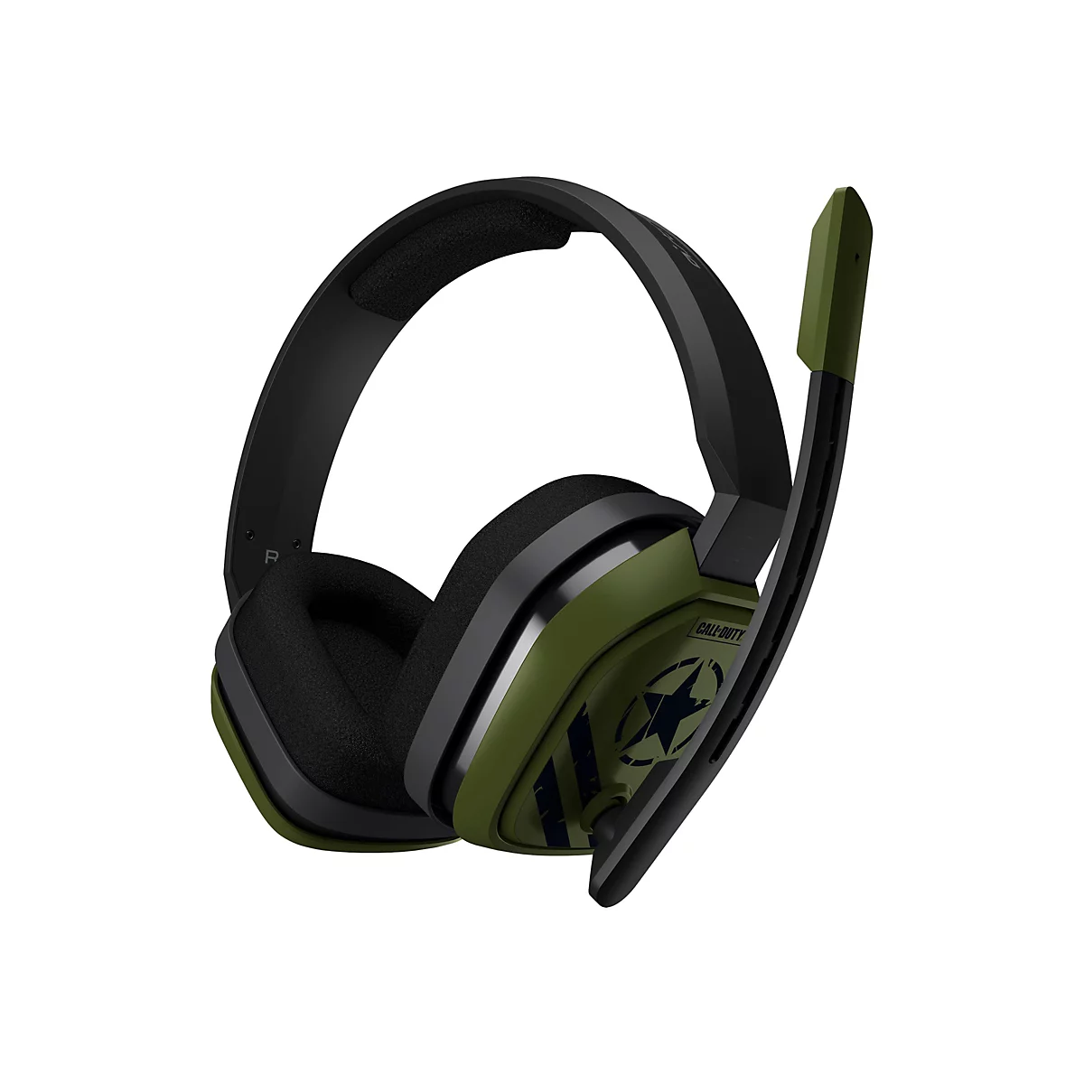 Gaming-Headset im olivgrünen Call-of-Duty-Design mit schwarzem Kopfbügel und klappbarem Mikrofon auf weißem Grund.