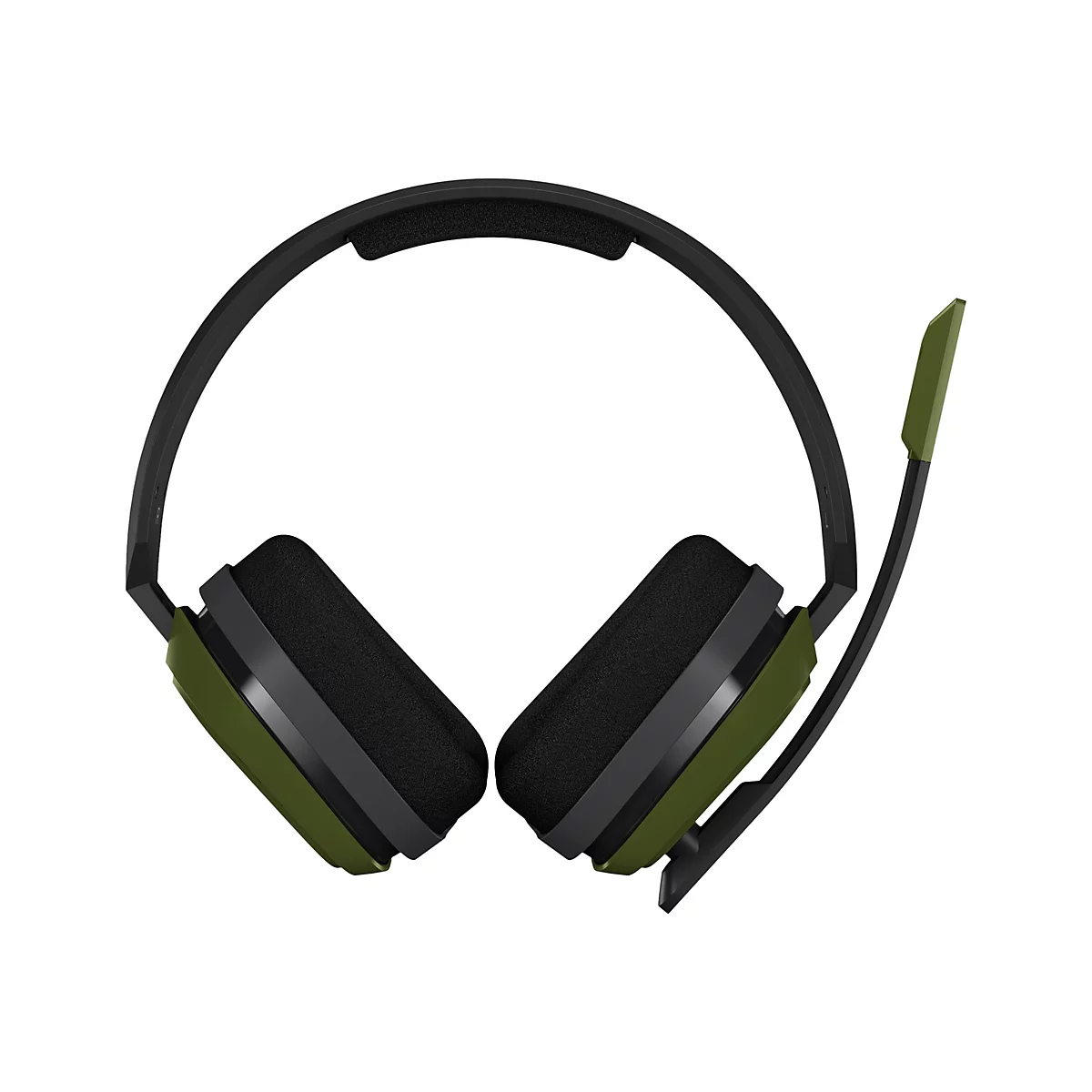 Schwarzes Gaming-Headset mit olivgrünen Akzenten und klappbarem Mikrofon vor weißem Hintergrund.