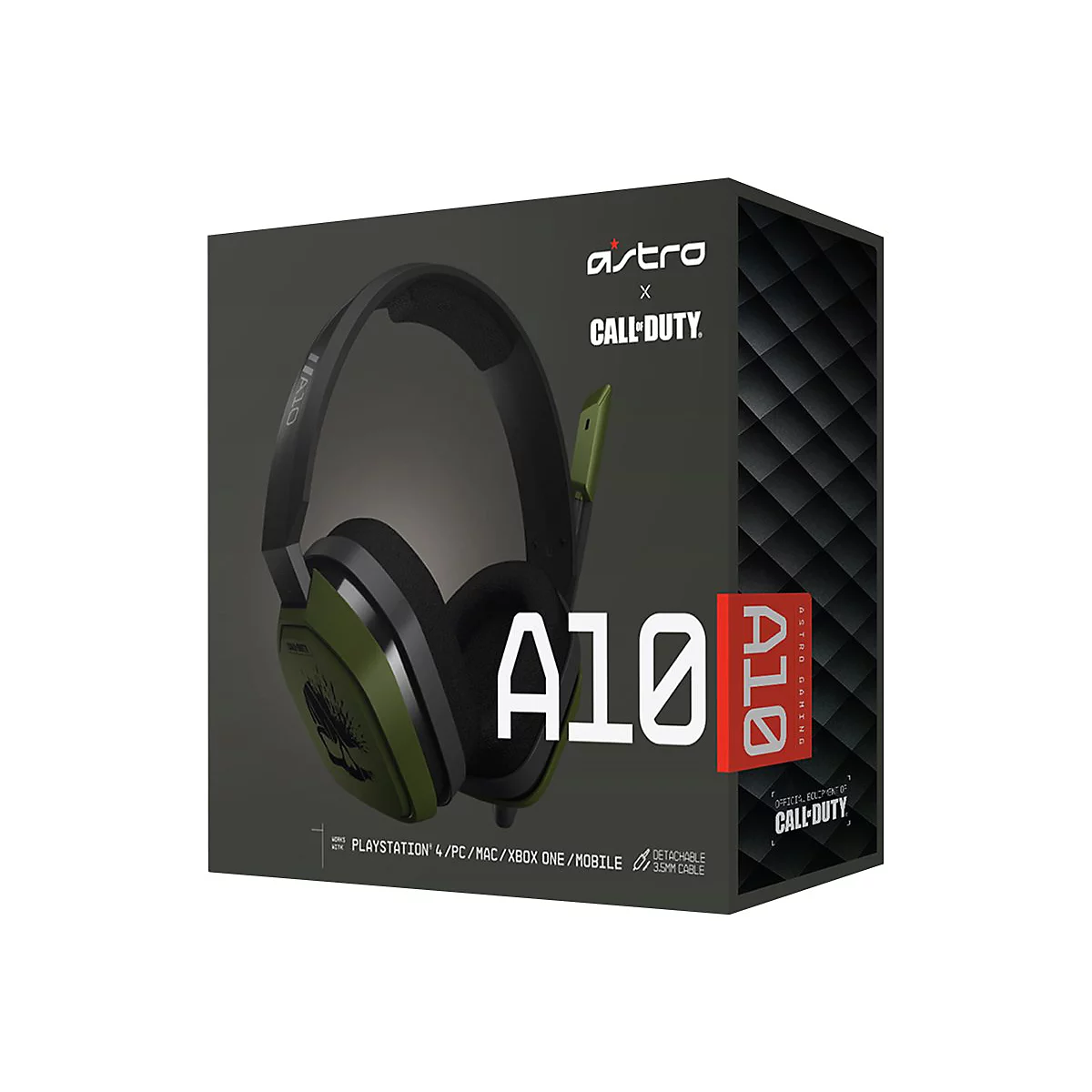 Verpackung des Astro A10 Gaming-Headsets in olivgrünem Call of Duty-Design vor weißem Hintergrund.