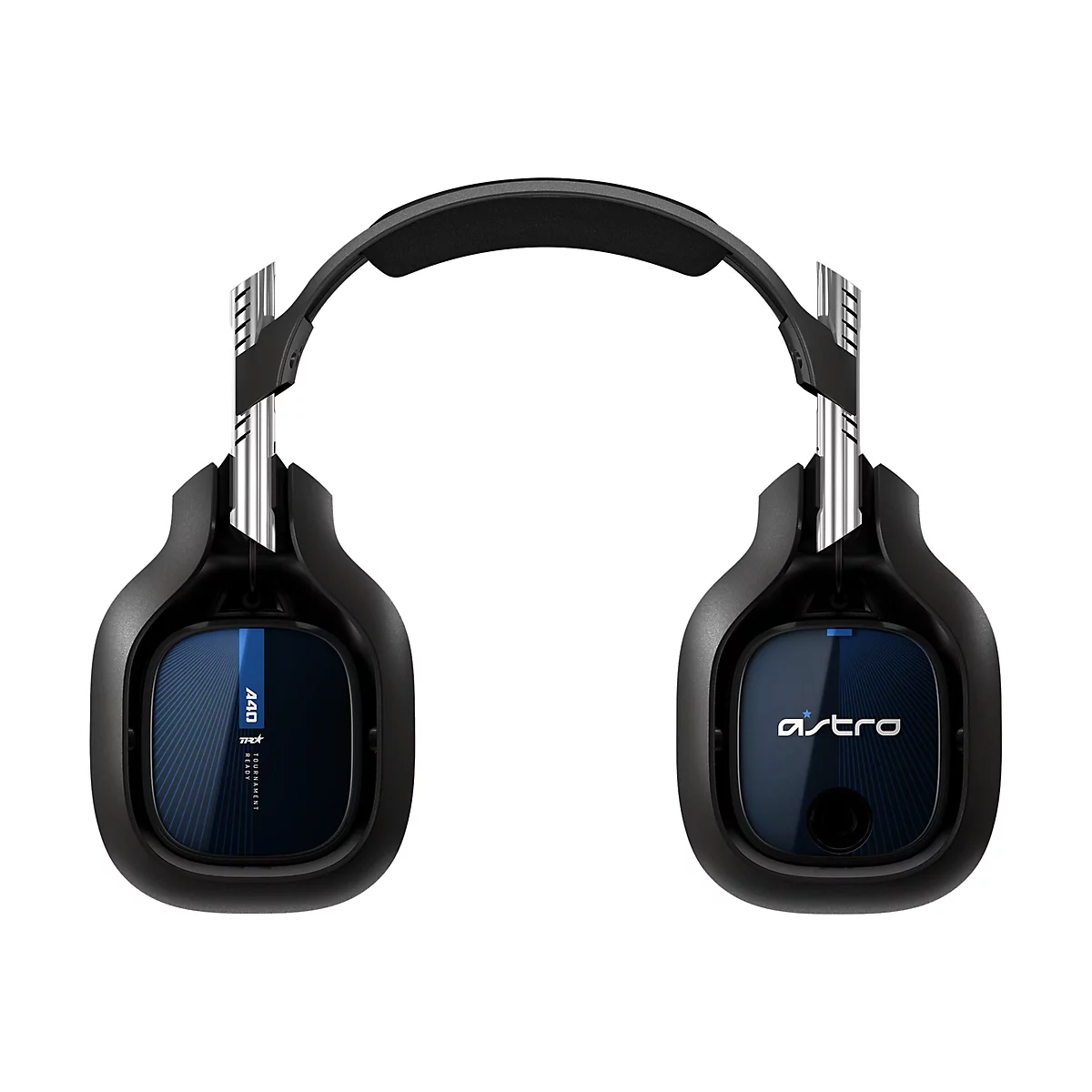 Schwarzes Gaming-Headset. Die Ohrmuscheln sind eckig und haben blaue Elemente. Der Bügel ist gepolstert.