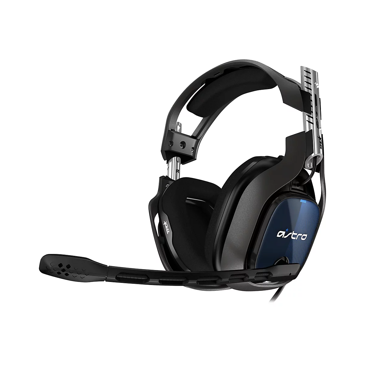Schwarzes Gaming-Headset mit Mikrofon, Astro-Logo und blauen Akzenten.