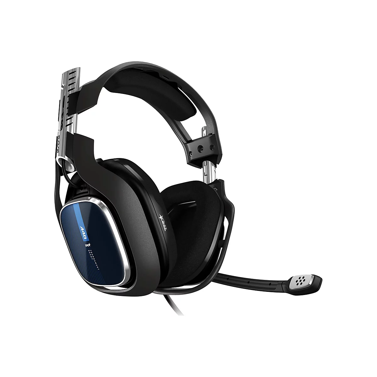 Schwarzes Gaming-Headset auf weißem Hintergrund, silberne Details, Mikrofon, blauer Akzent mit A40-Schriftzug.