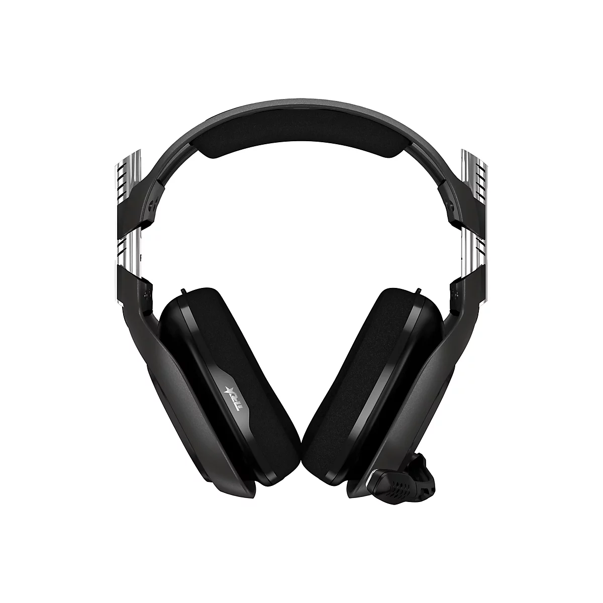 Schwarzes Headset. Ohrmuscheln aus Stoff, Logo auf der Seite. Mikrofon und Bügel sind schwarz mit silbernen Akzenten.