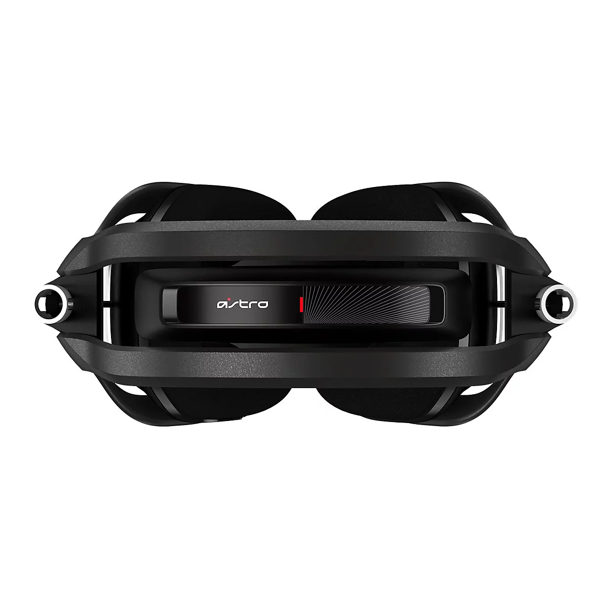 Draufsicht auf ein schwarzes Gaming-Headset. Auf dem Bügel steht "astro".