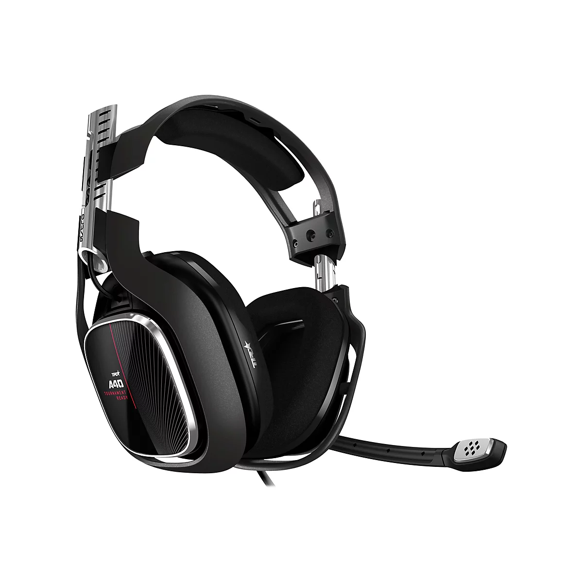 Schwarzes Gaming-Headset, detailreich abgebildet, mit Mikrofon und roten Akzenten. Auf dem Ohrhörer steht "A40 Tournament Ready".