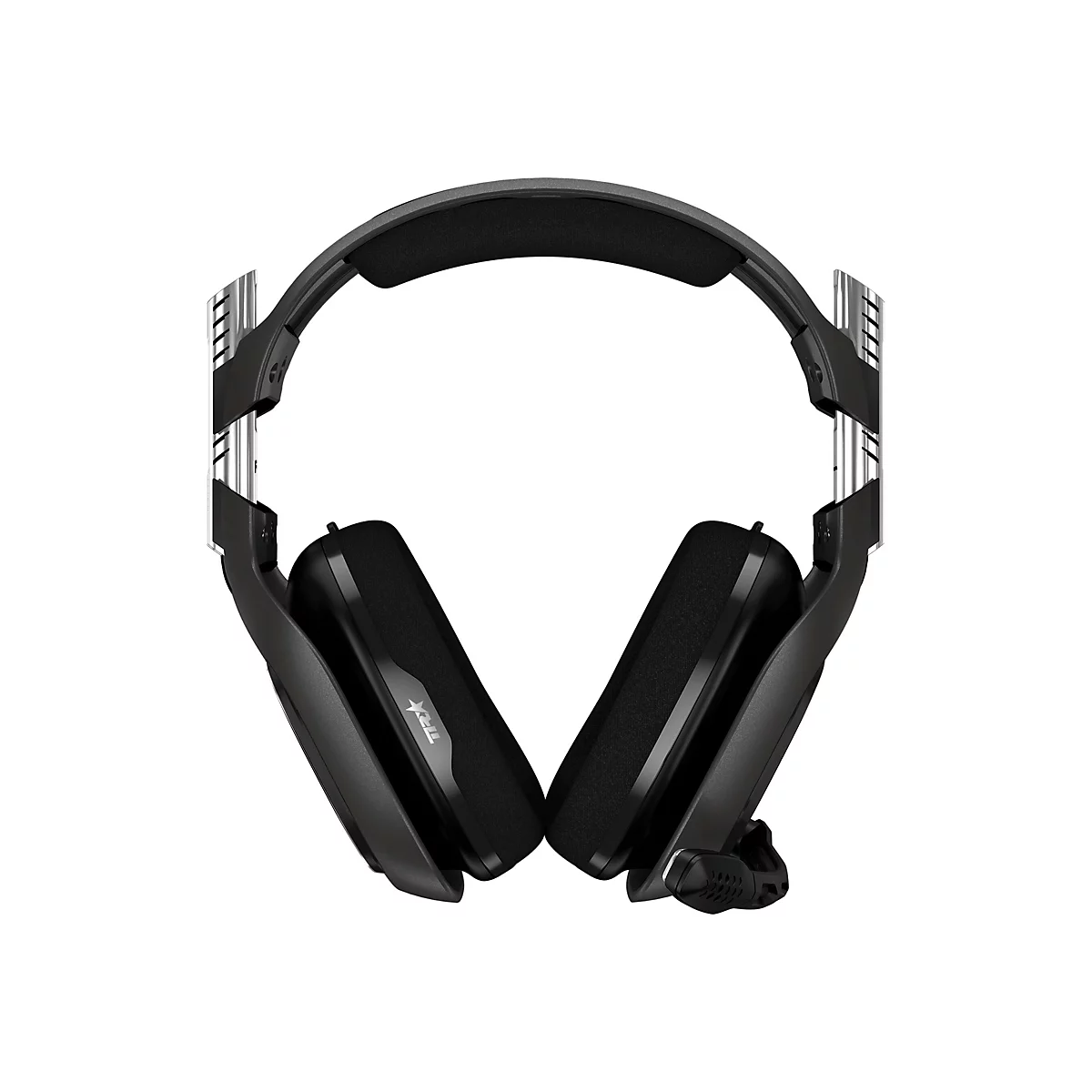 Schwarzes Gaming-Headset auf weißem Hintergrund, Träger, Ohrmuscheln und Mikrofon zu sehen.