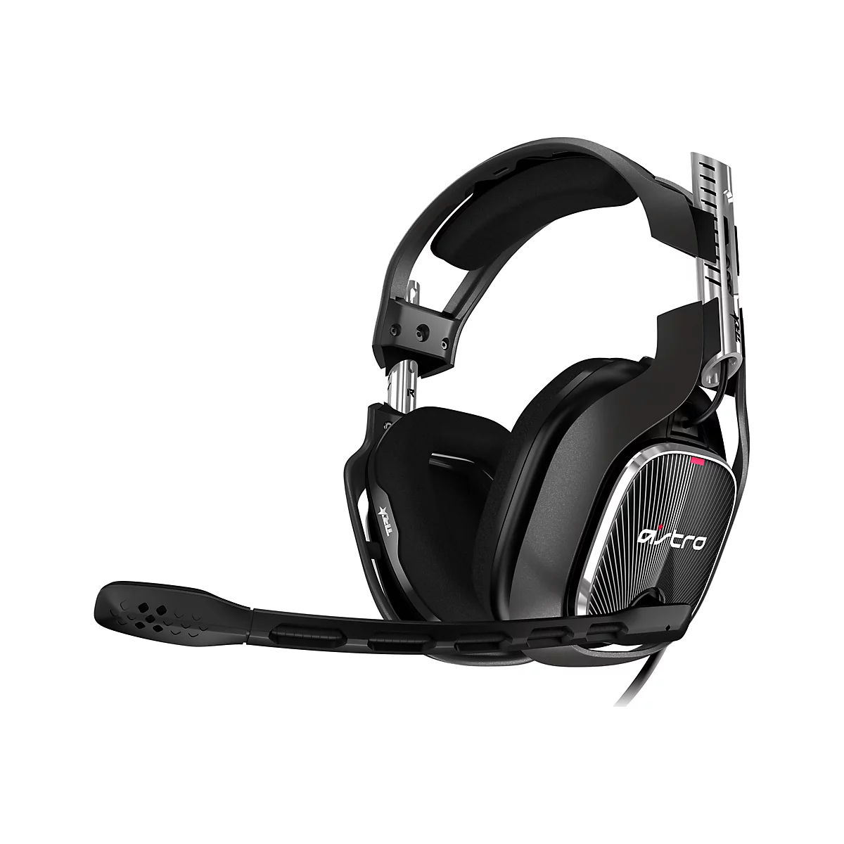 Schwarzes Gaming-Headset mit Mikrofon, Detailansicht. Auf dem Ohrhörer steht "astro".