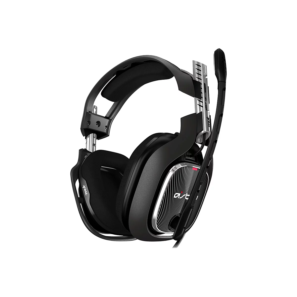 Schwarzes Gaming-Headset. Silberne Akzente und Mikrofon. Markenschriftzug "astro" sichtbar.