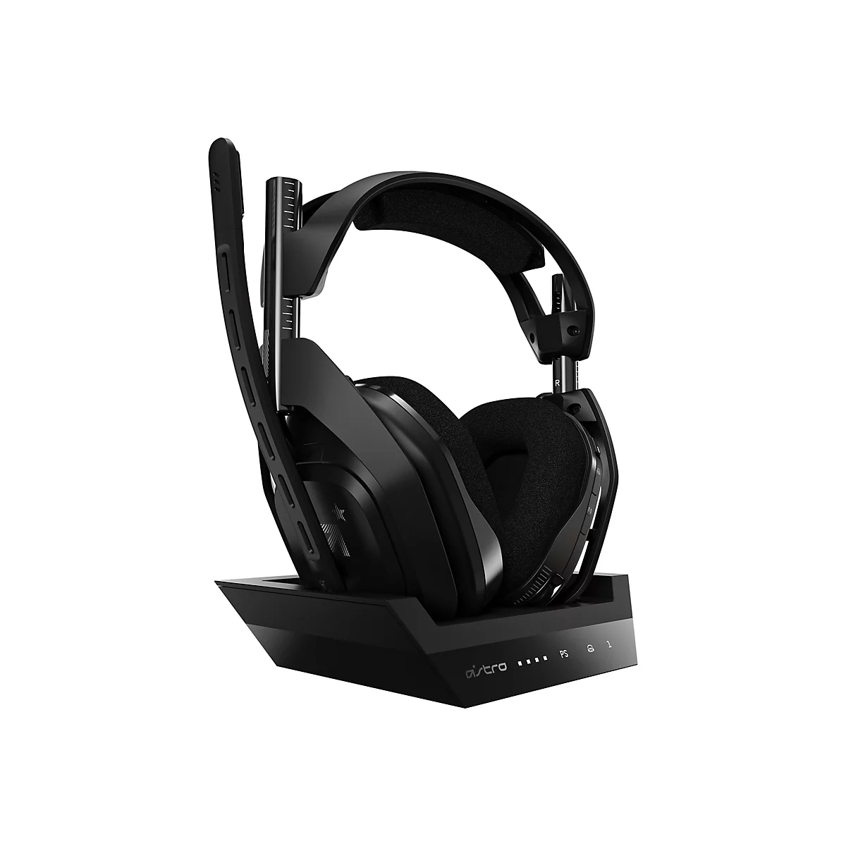 Schwarzes Astro Gaming-Headset auf einer Ladestation vor weißem Hintergrund.