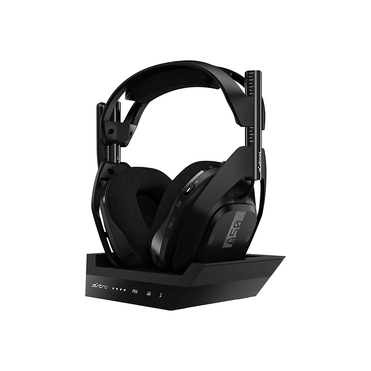 Schwarzes Astro Gaming-Headset in einer Ladestation vor weißem Hintergrund.