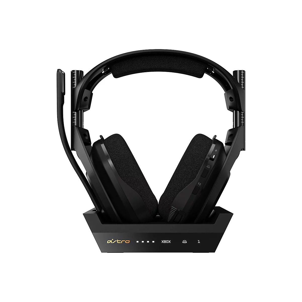 Schwarzes Astro Gaming-Headset auf einer Ladestation vor weißem Hintergrund.