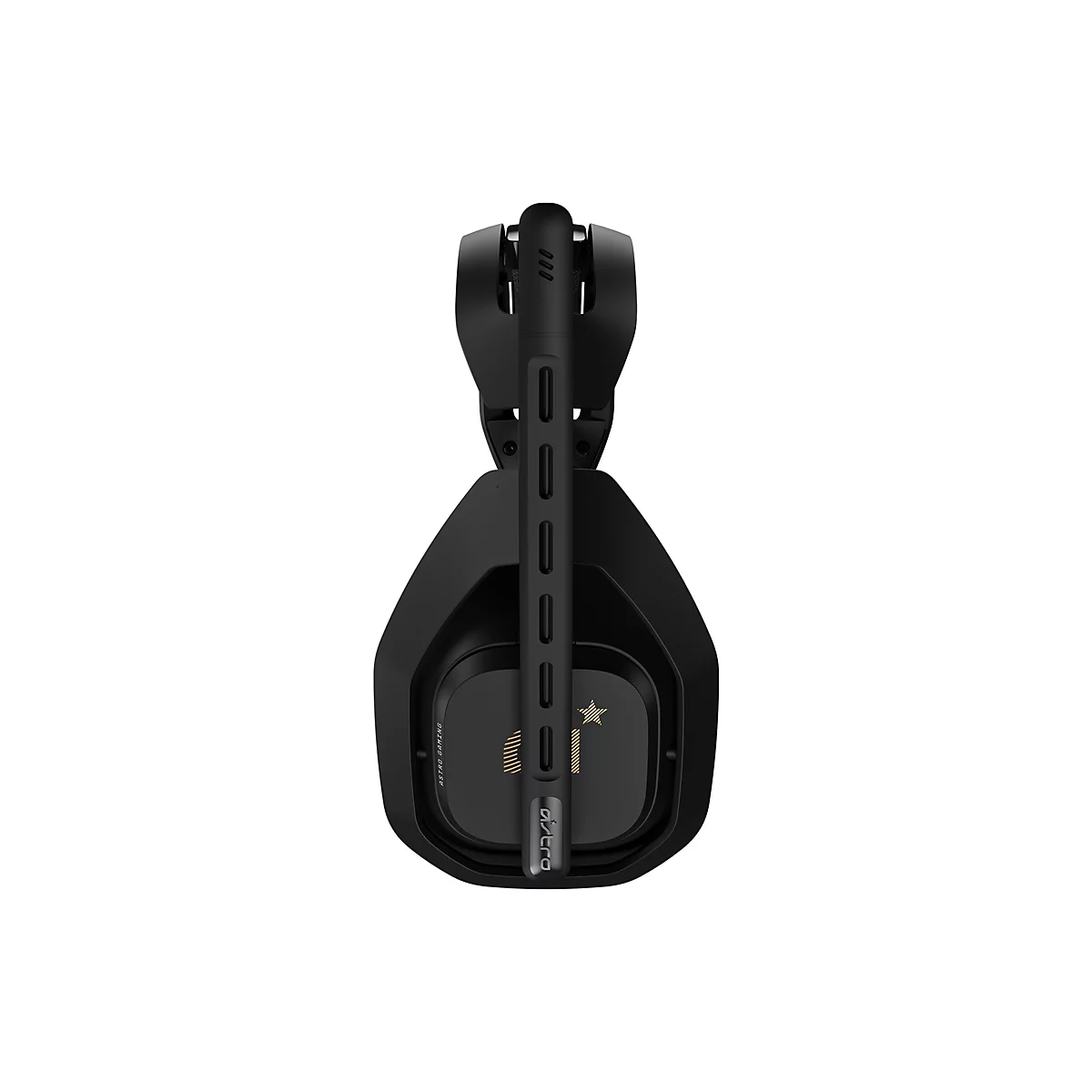 Schwarzes Astro Gaming Headset von der Seite, fokussiert auf das Mikrofon und die Ohrmuschel.