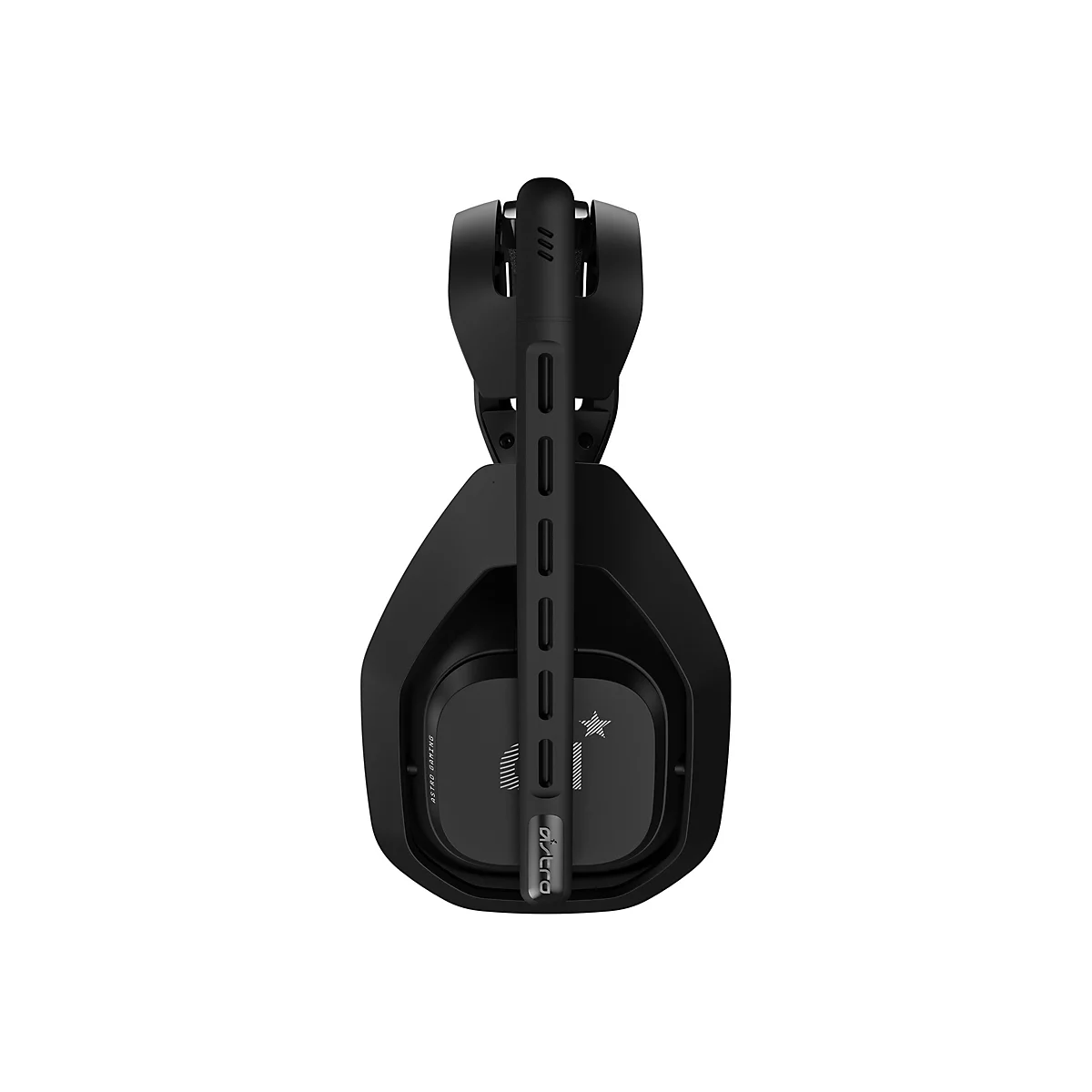 Schwarzes Astro Gaming Headset in der Seitenansicht, fokussiert auf das Mikrofon und die Ohrmuschel.