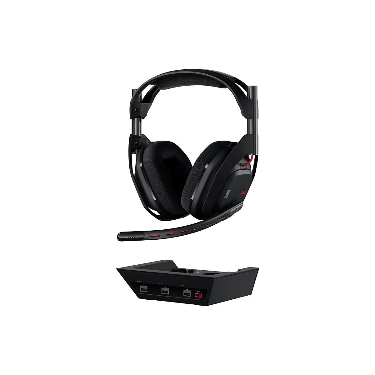 Schwarzes Gaming-Headset mit rotem Akzent und Basisstation vor weißem Hintergrund.