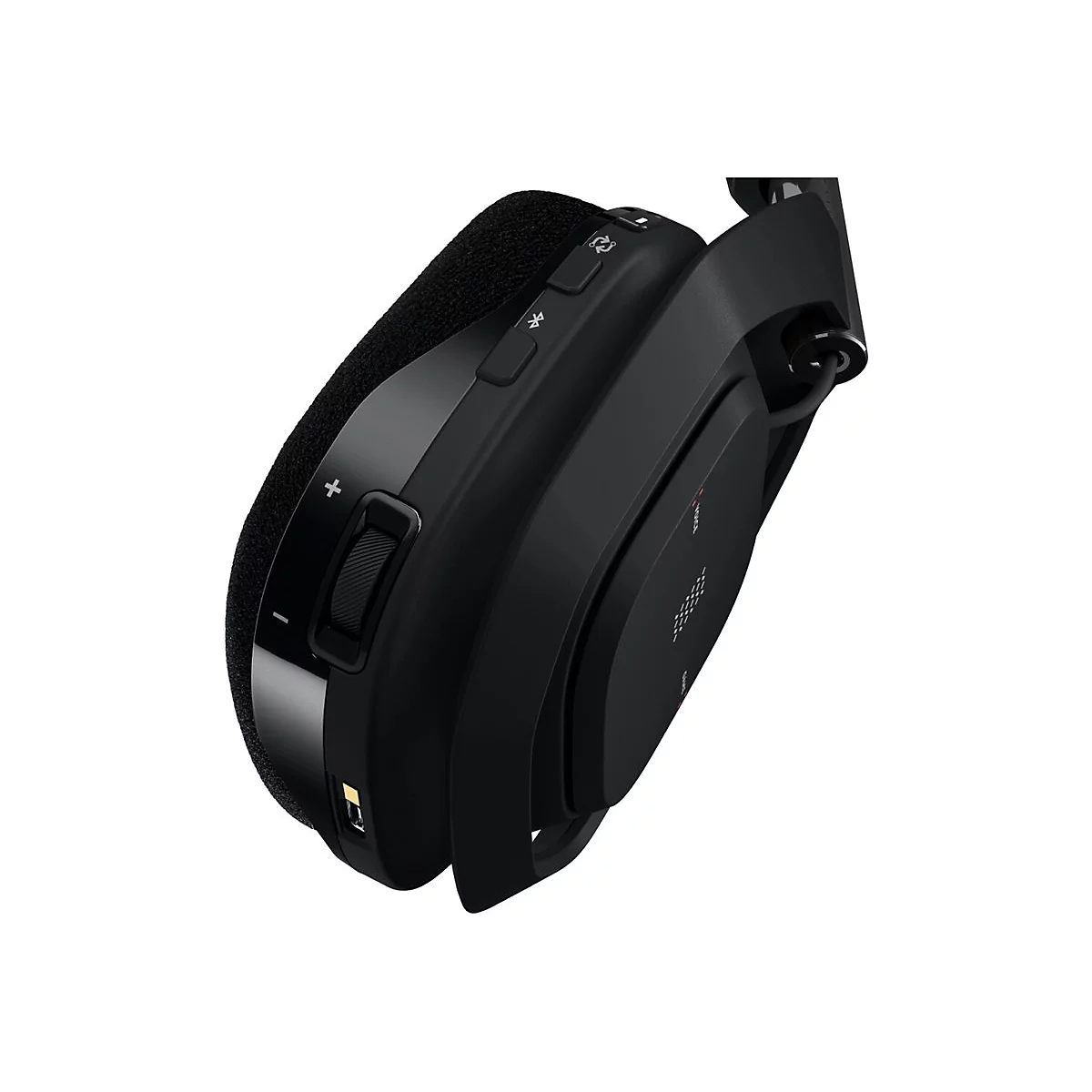 Schwarzer Gaming-Kopfhörer, Detailansicht. Bedienknöpfe, Mikrofonanschluss und Ohrpolster aus schwarzem Stoff.