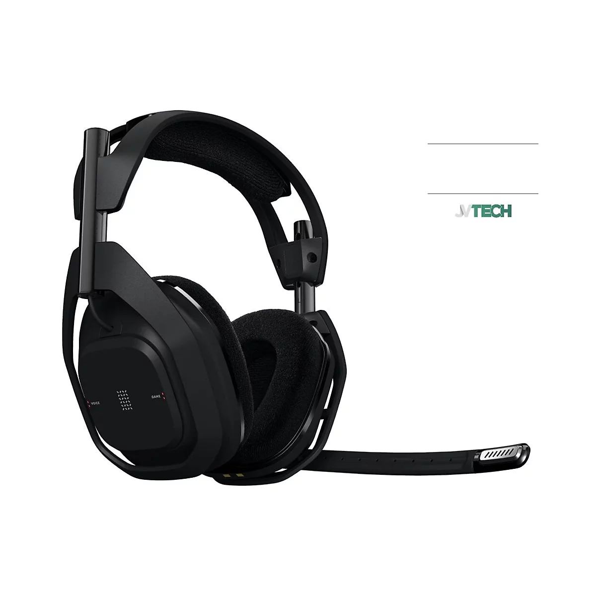 Schwarzes Gaming-Headset mit Mikrofon auf weißem Hintergrund. Der Name JVTECH ist rechts oben zu sehen.