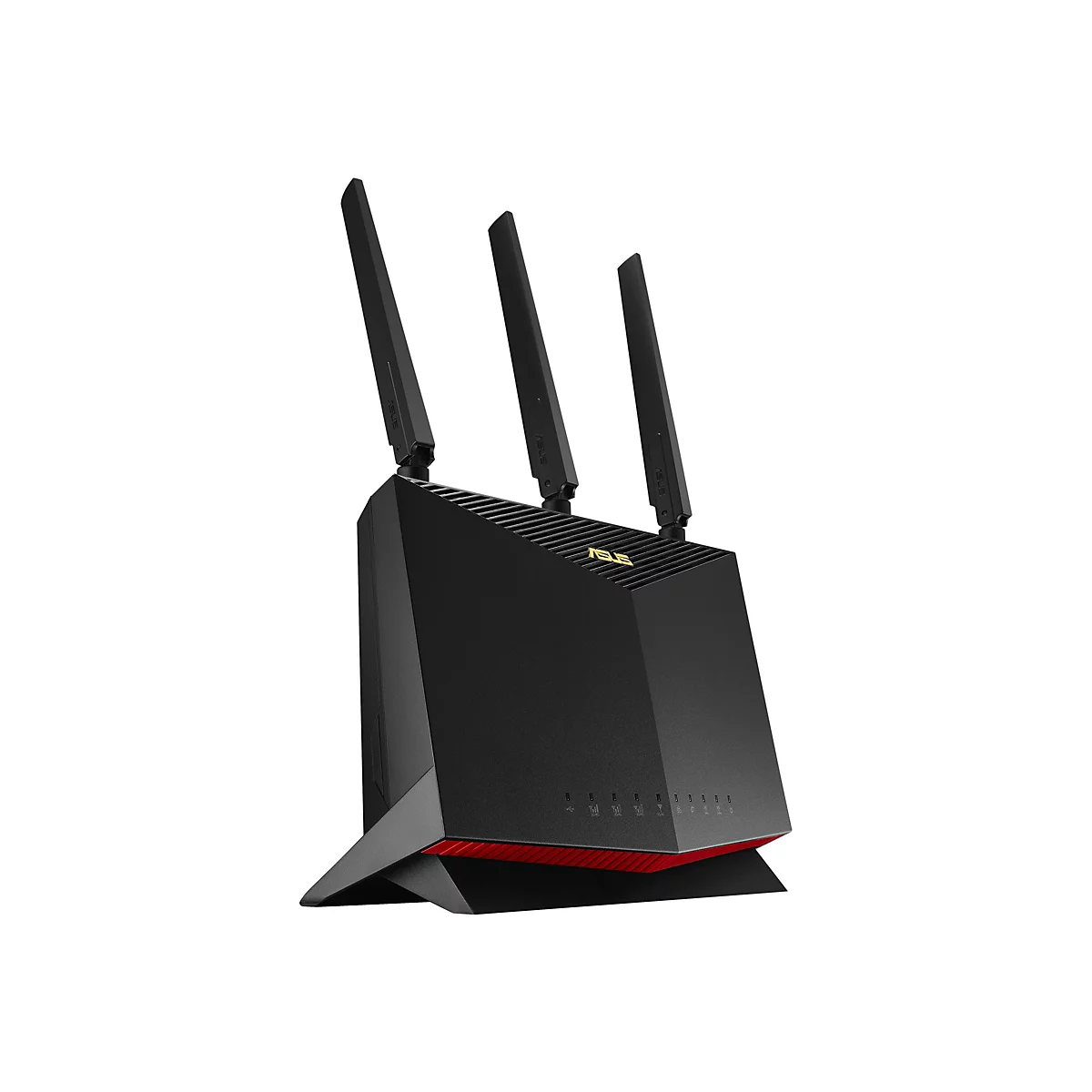 Schwarzer Router mit drei Antennen, goldenem Logo und roter Basis. Auf weißem Hintergrund.