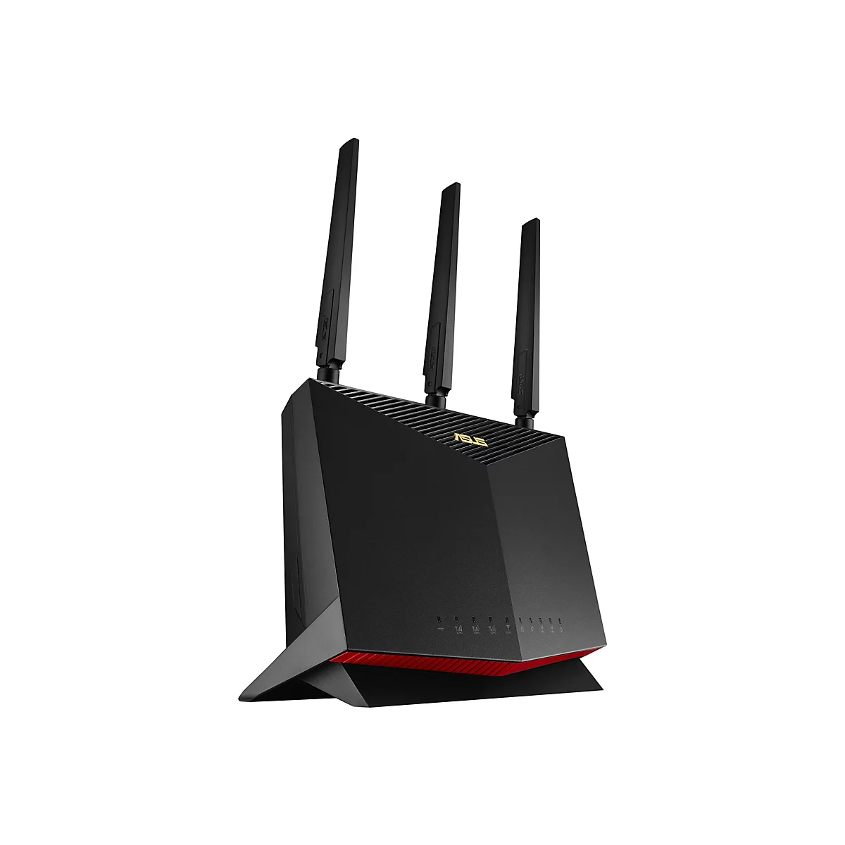 Ein schwarzer WLAN-Router mit drei Antennen, roter Basis und ASUS-Logo.