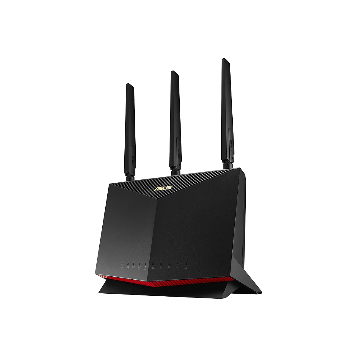 Schwarzer Router mit drei Antennen, roter Unterseite und ASUS-Logo.