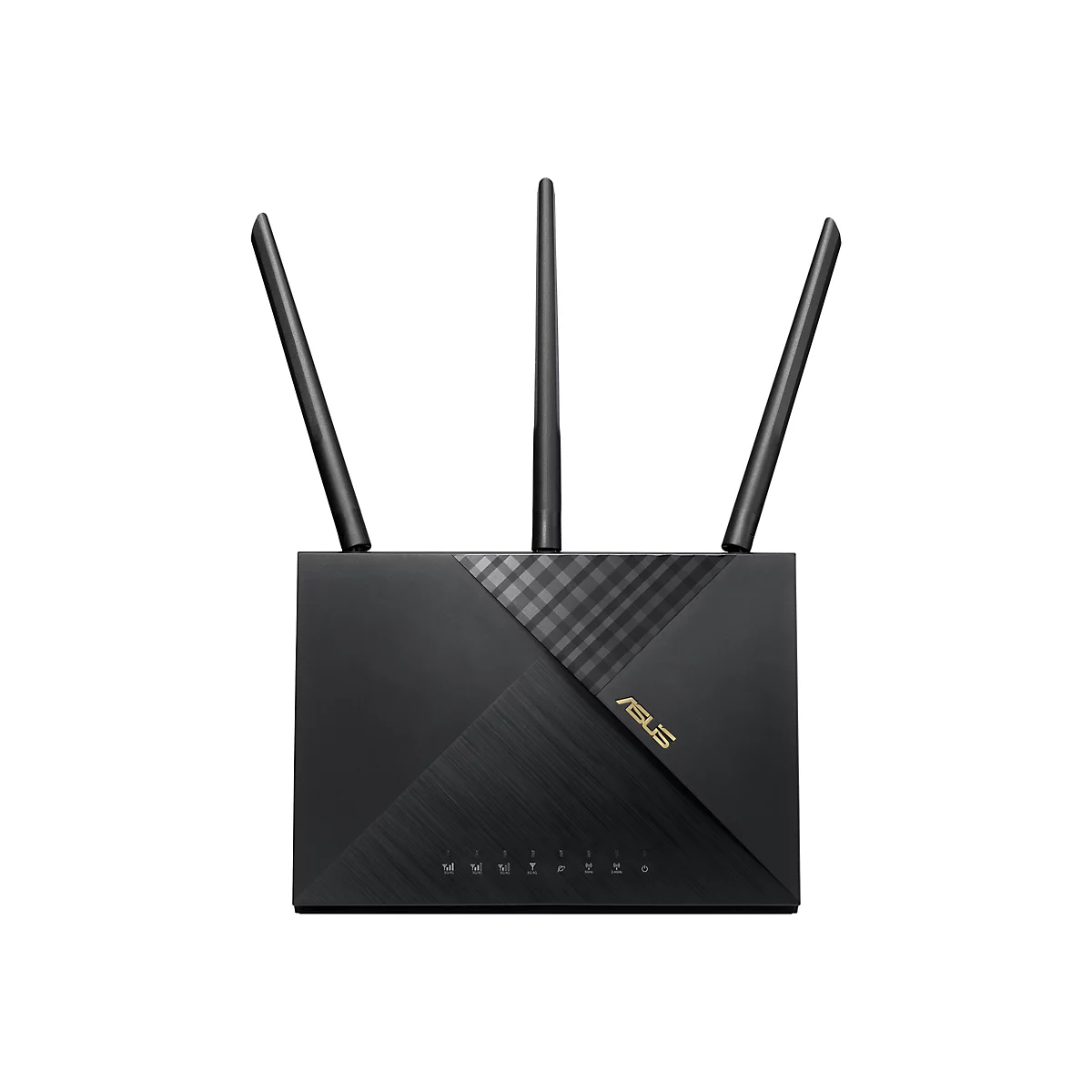Schwarzer Router mit drei Antennen, ASUS-Logo und Leuchten.