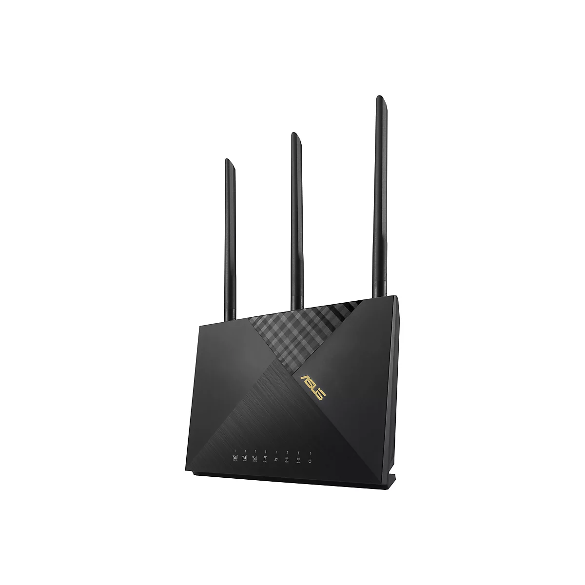 Schwarzer Router mit drei Antennen, Marke ASUS. Auf weißem Hintergrund.