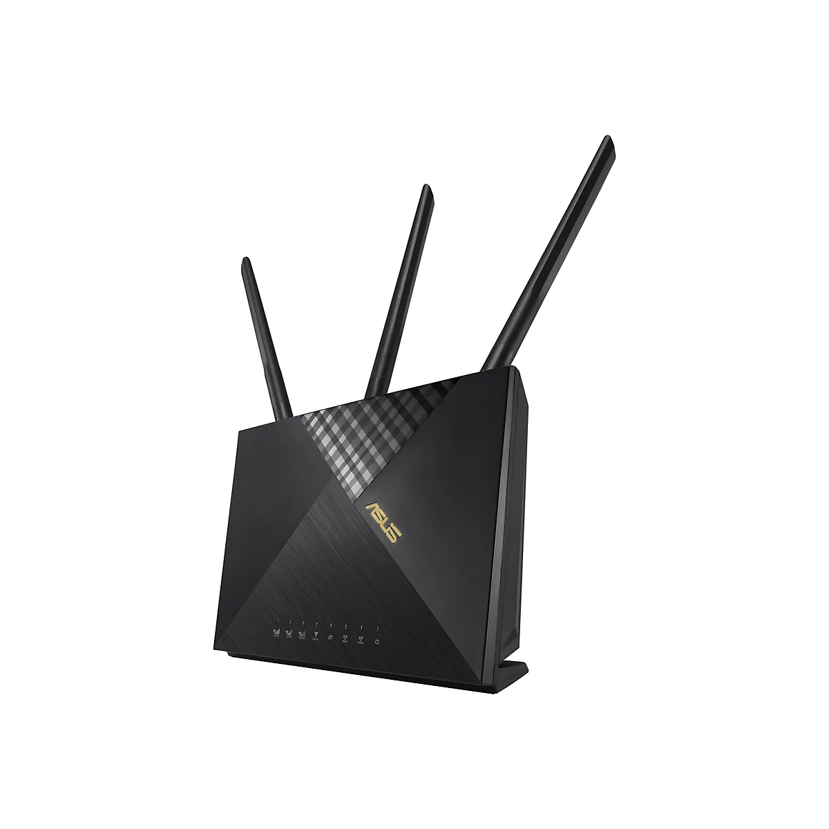 Schwarzer Router mit drei Antennen, Marke ASUS. Der Router steht vor weißem Hintergrund.