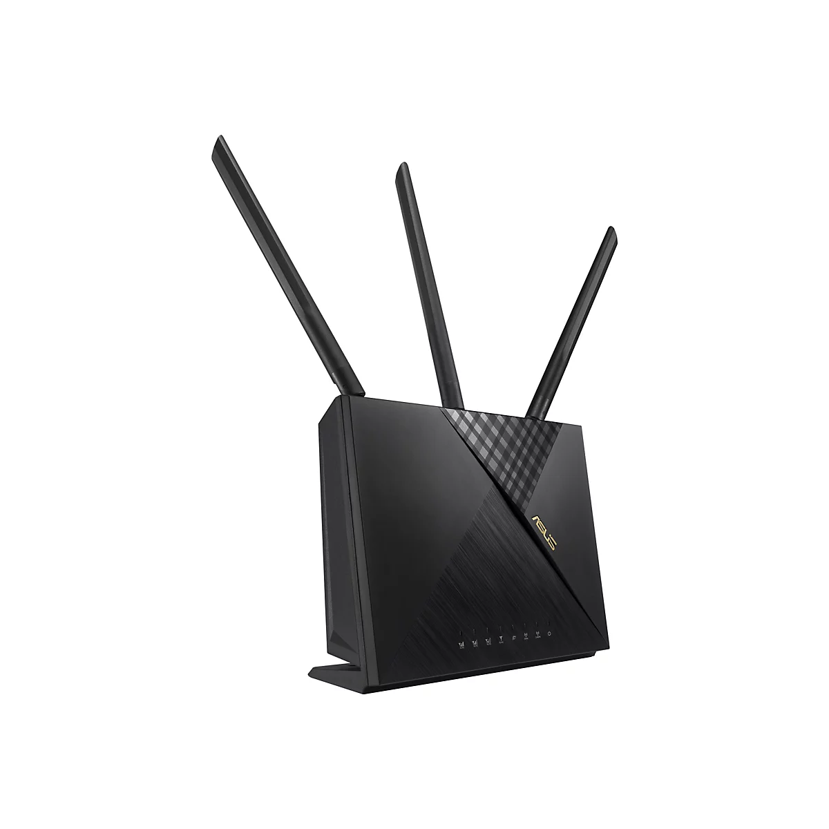 Schwarzer WLAN-Router mit drei Antennen, von Asus, auf weißem Hintergrund.