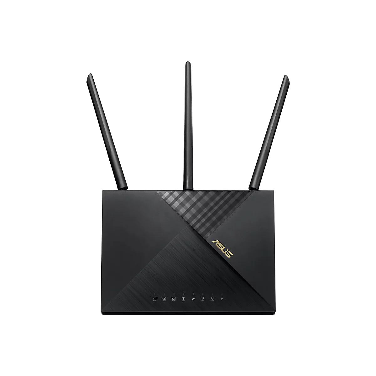 Schwarzer Router mit drei Antennen, ASUS Logo und Bedienfeldern, auf weiÃŸem Hintergrund.