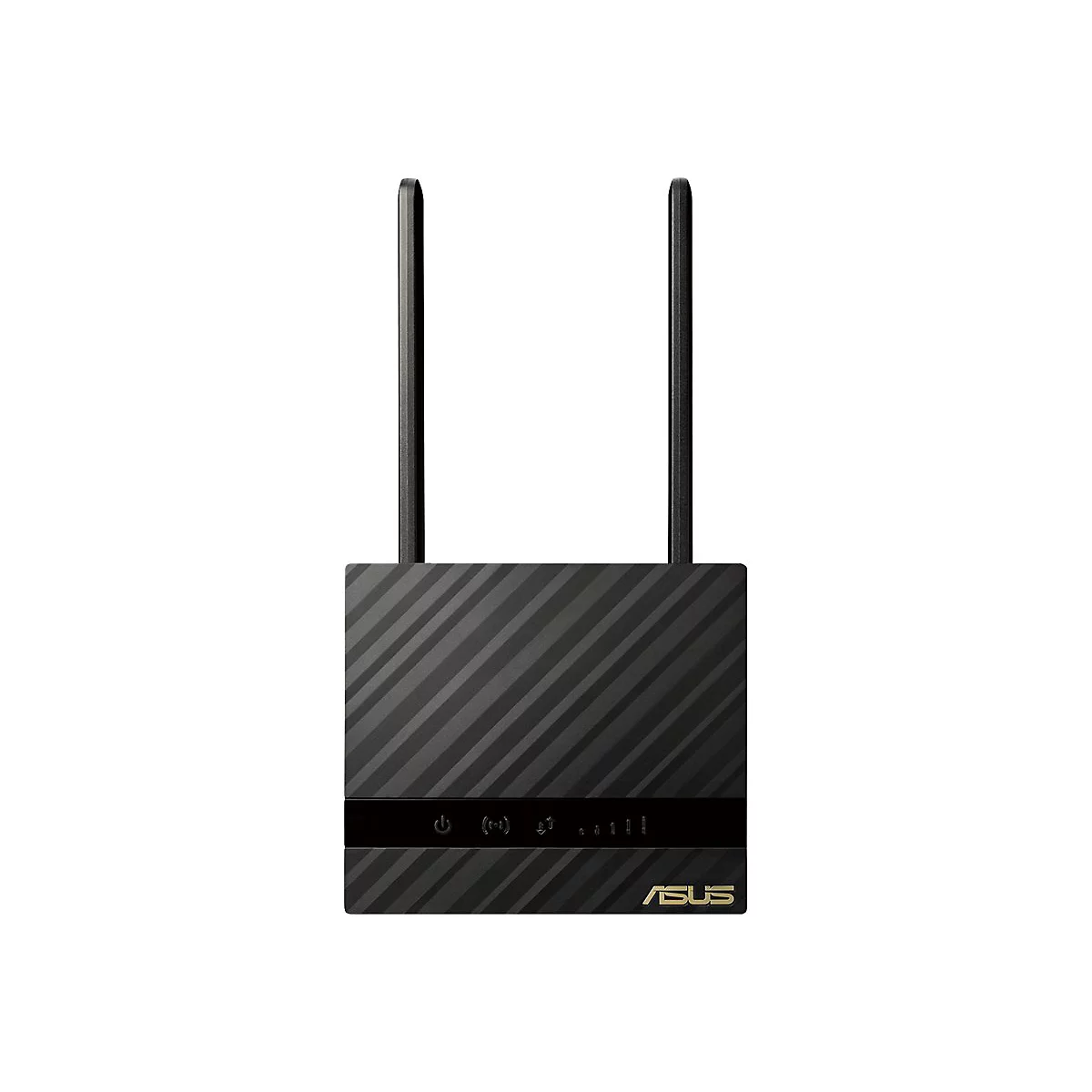 Schwarzer Router mit zwei Antennen. Streifenmuster auf der Vorderseite, darunter eine Leiste mit Anzeigen und ASUS-Logo.