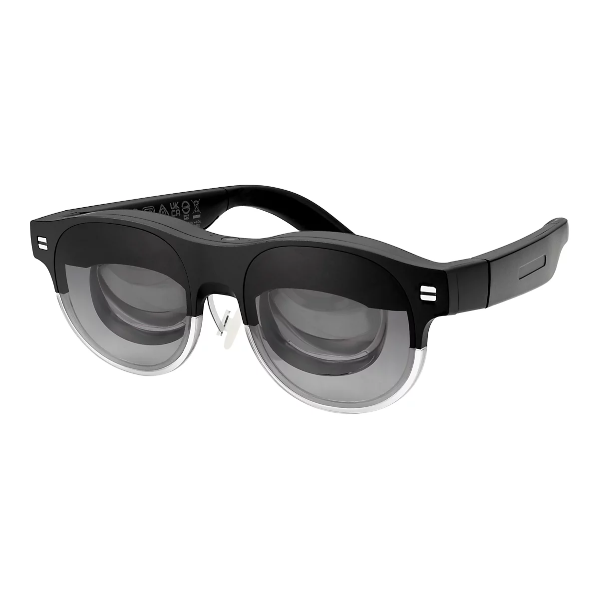 Schwarze Smartglasses mit getönten Gläsern und transparentem Rahmen. Auf weißem Hintergrund.