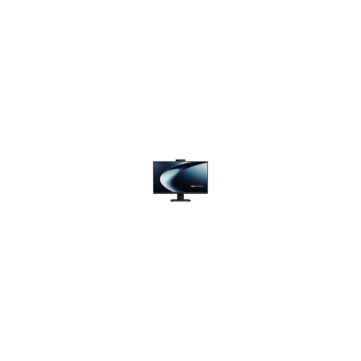 Schwarzer ASUS Monitor mit Webcam, blau-grauer Hintergrund. Das Display zeigt eine abstrakte Grafik.