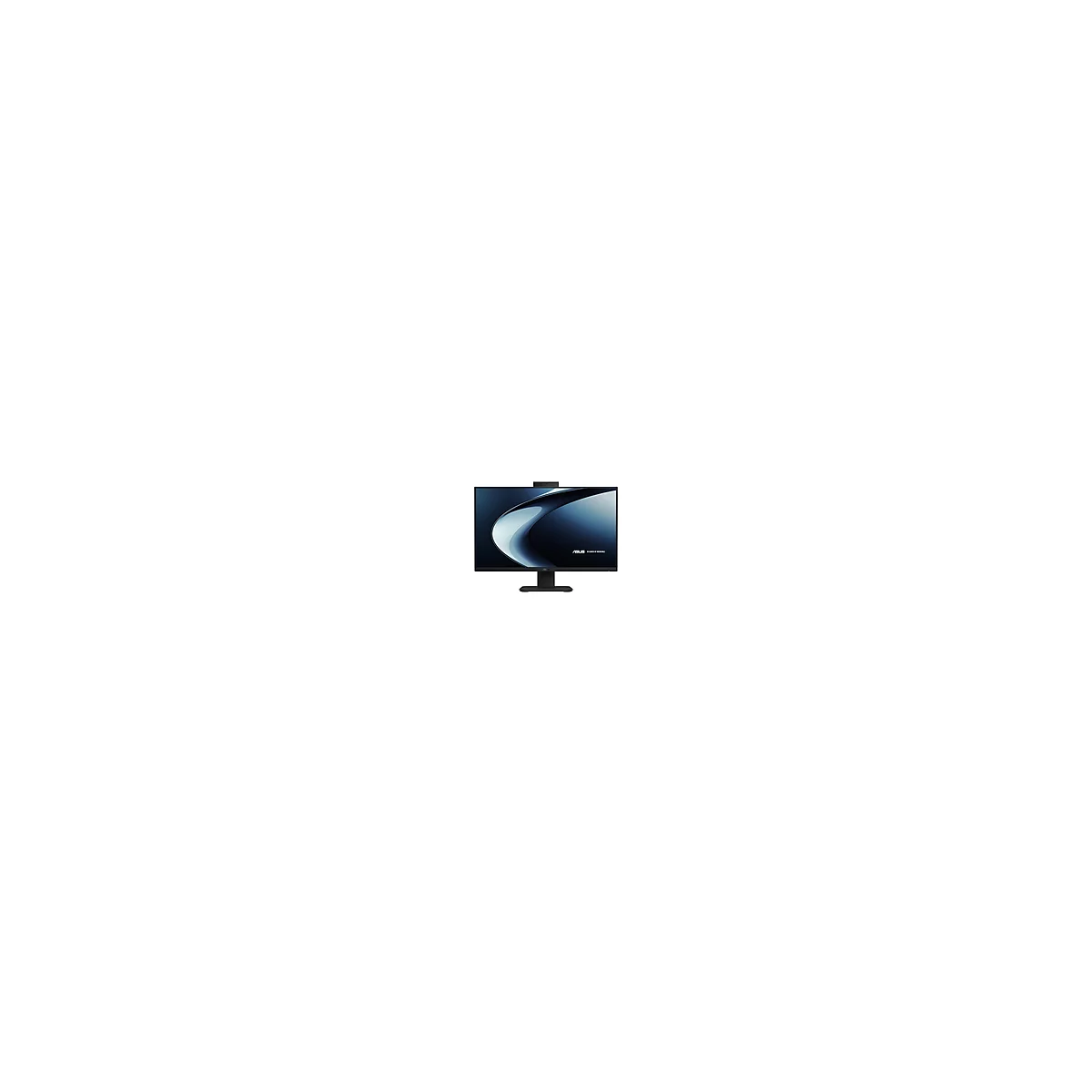 Schwarzer Monitor mit einer integrierten Webcam, vor einem dunklen Hintergrund mit blau-weißen Lichtlinien. ASUS Logo.