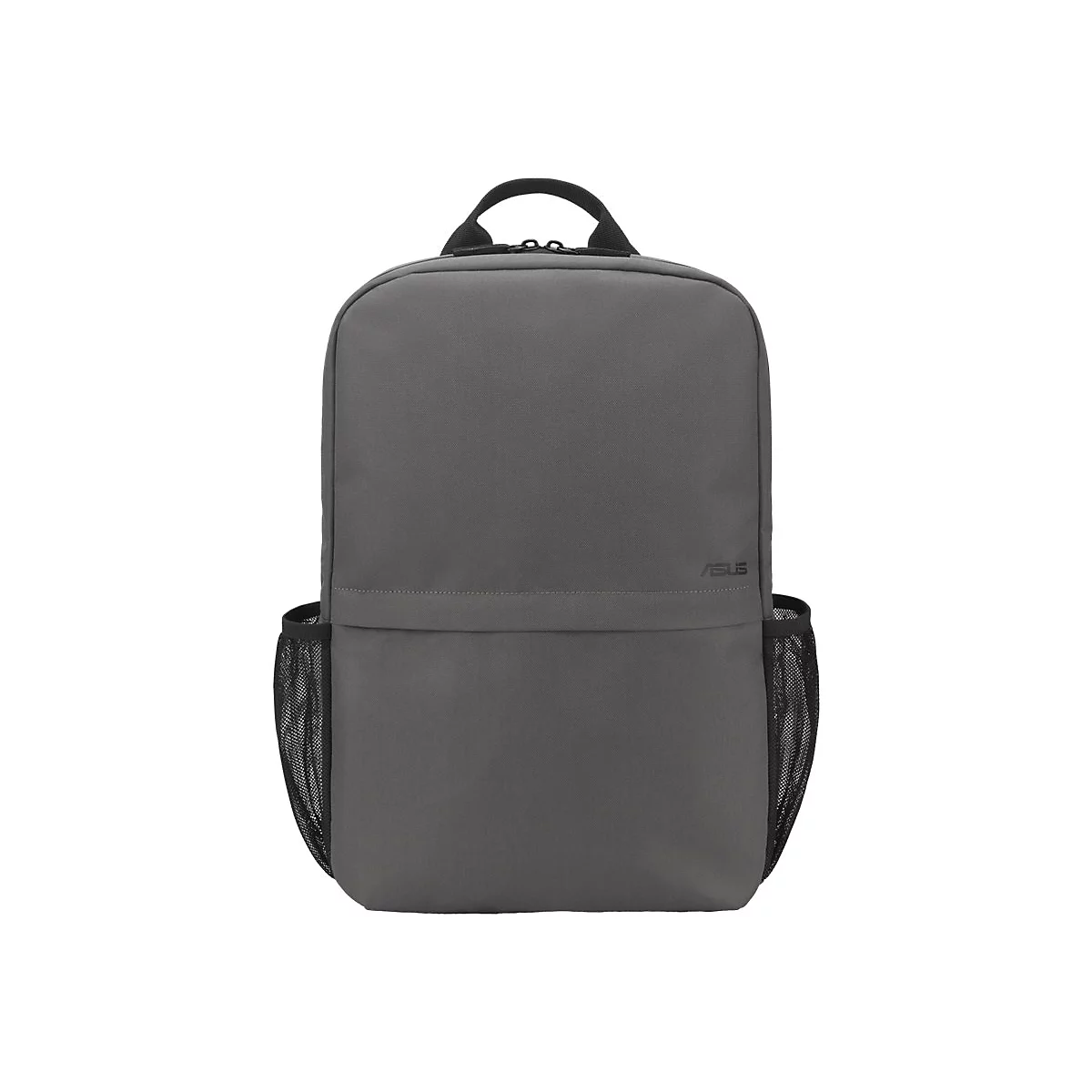 Grauer Asus Rucksack mit schwarzem Tragegriff und seitlichen Netztaschen vor weißem Hintergrund.