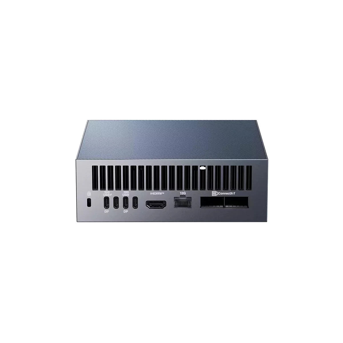 Grauer Desktop-PC mit Lüftungsschlitzen. Rückseite mit Anschlüssen, u.a. USB, HDMI und 10G. Oberseite geriffelt.