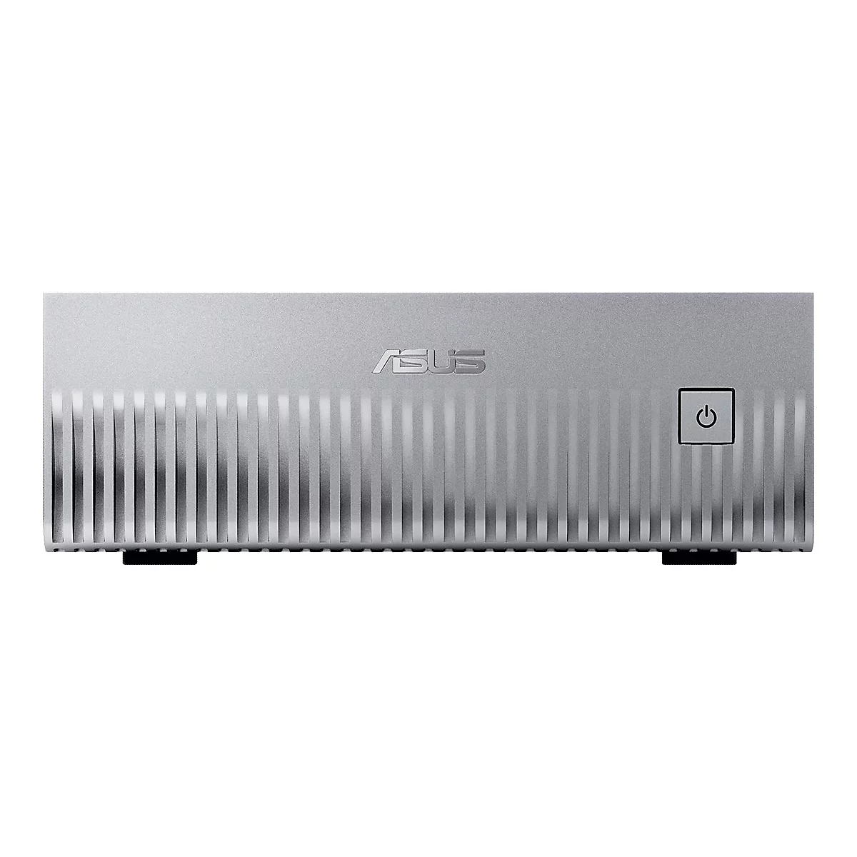 Silberfarbener ASUS-Mini-PC mit geriffelter Vorderseite, ASUS-Logo und Ein-Aus-Schalter.