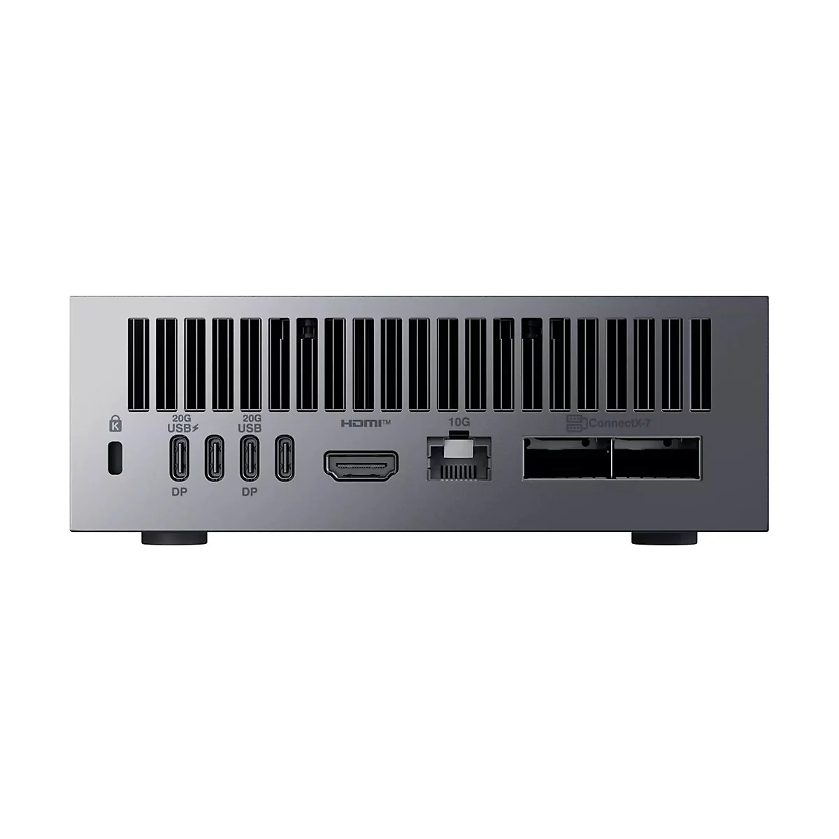 Grauer Mini-PC mit Anschlüssen wie USB, HDMI und LAN. Es sind Lüftungsschlitze und der Schriftzug 'ConnectX-7' zu sehen.