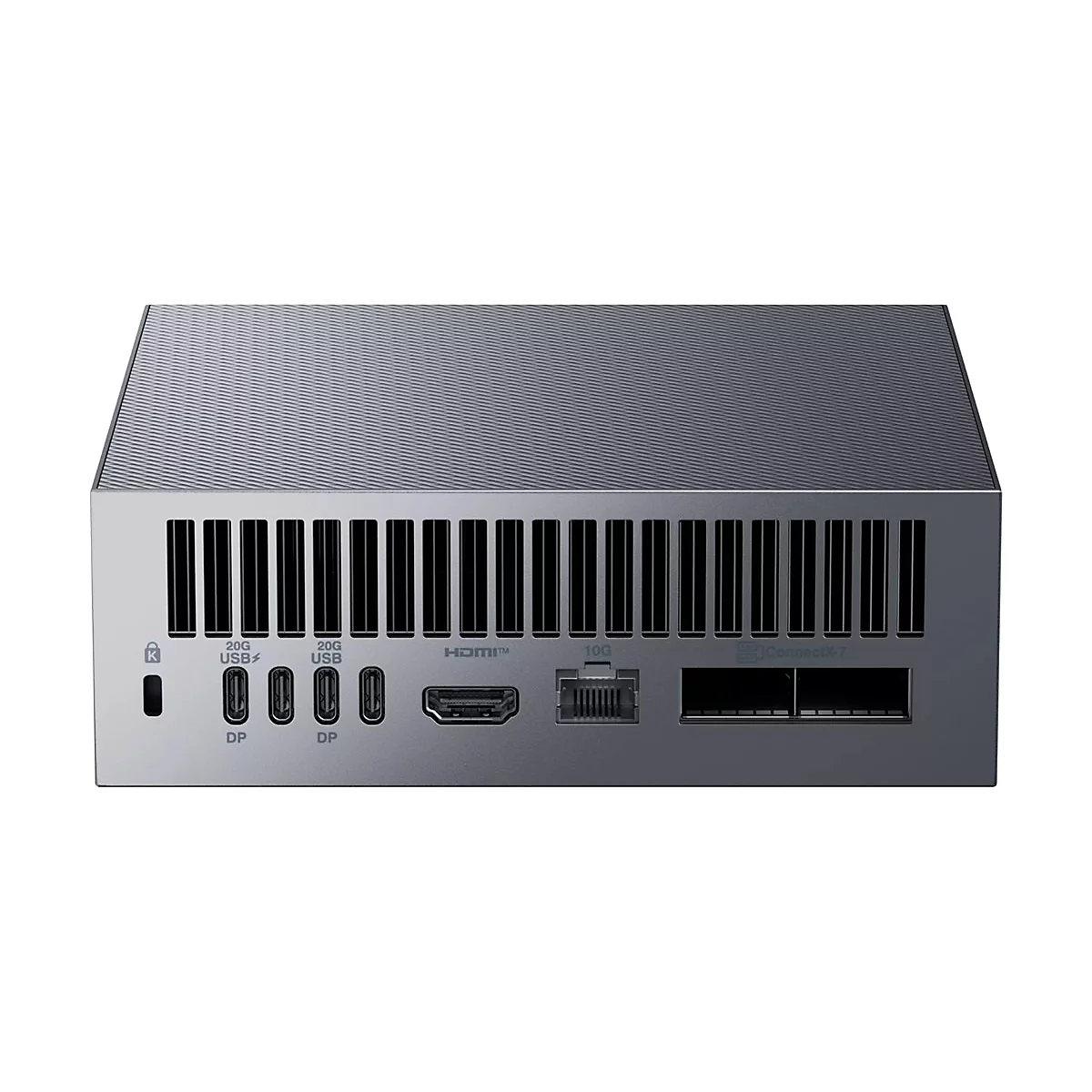 Rückseite eines grauen Mini-PCs mit Lüftungsschlitzen und Anschlüssen für USB, HDMI, Ethernet und ConnectX-7.