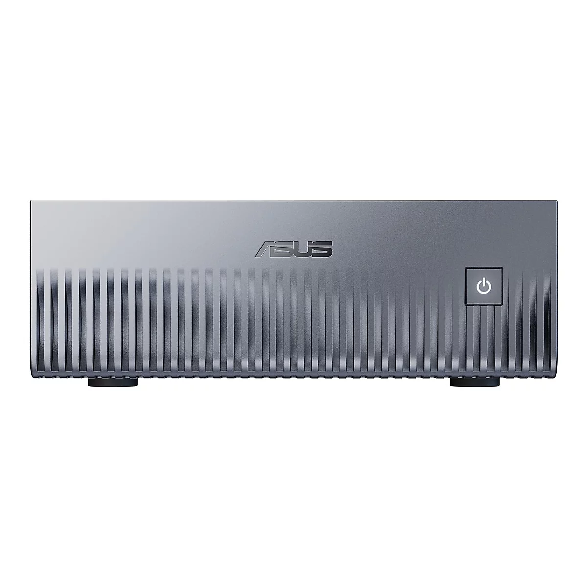 Grauer ASUS-Mini-PC mit geriffelter Front, Power-Knopf rechts. ASUS-Logo in der Mitte.