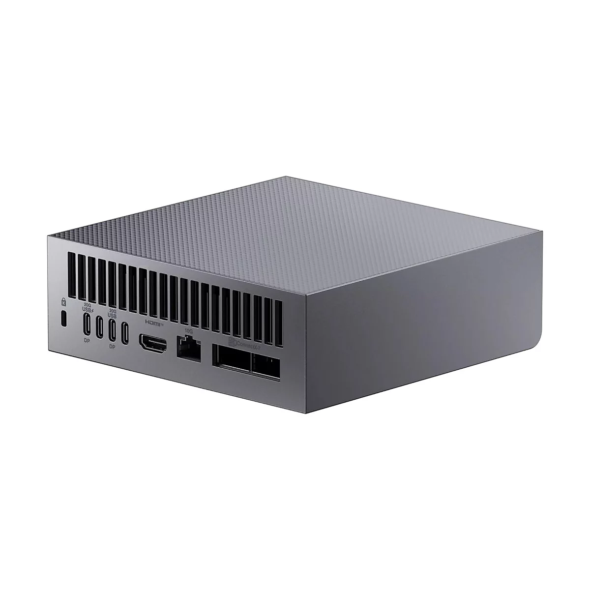 Grauer, rechteckiger Computer. Oben mit leicht strukturiertem Muster, Front mit Anschlüssen: USB, HDMI, DP.