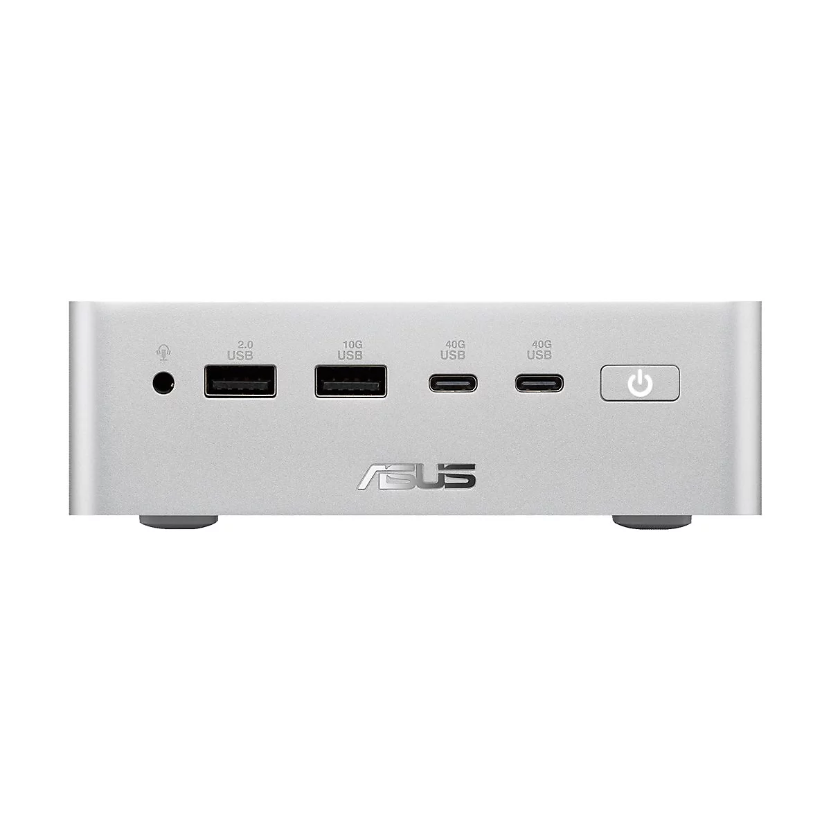 Silberne Asus Dockingstation Vorderseite mit Kopfhöreranschluss, USB-Ports, zwei USB-C-Anschlüssen und Power-Button.