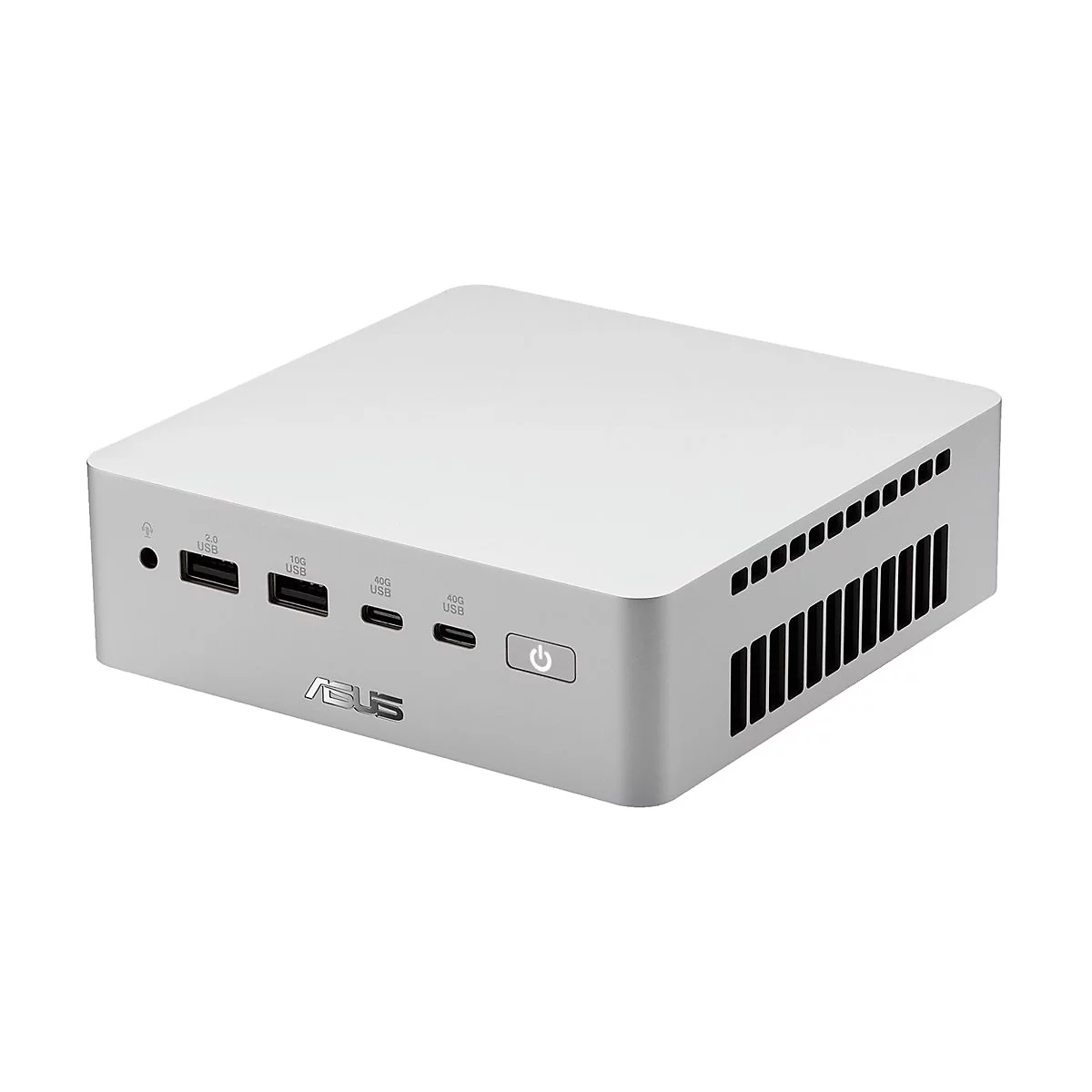 Silberner ASUS Mini-PC mit verschiedenen USB-Anschlüssen, Kopfhörerbuchse und Power-Button an der Front.