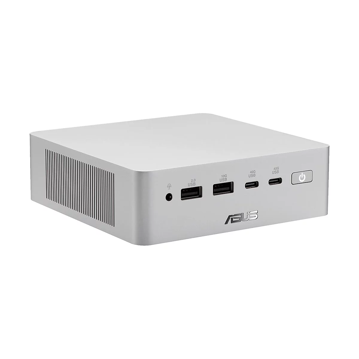 Silberner ASUS Mini-PC mit verschiedenen USB-Anschlüssen, Kopfhörerbuchse und Power-Button auf der Vorderseite.