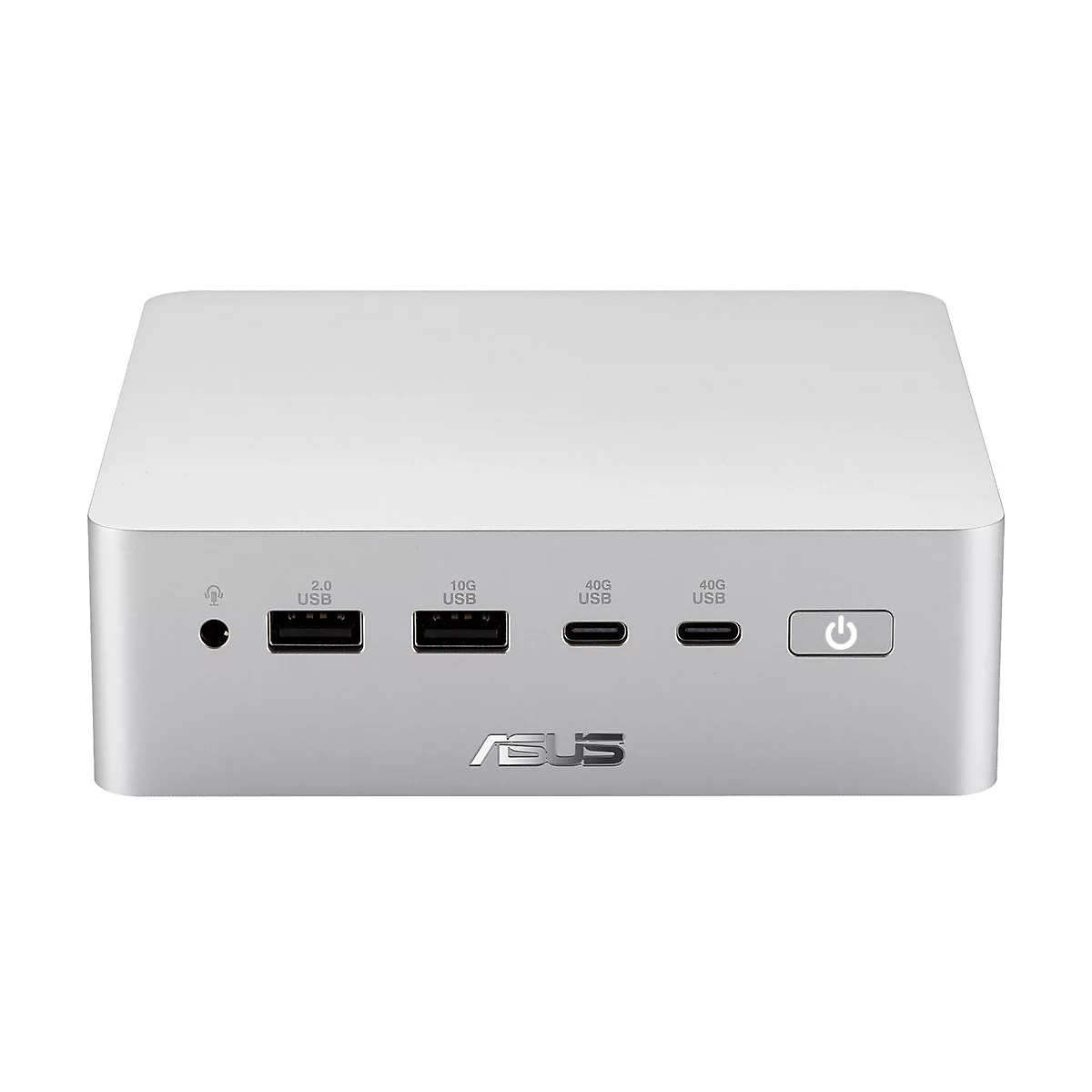 Silberne Asus Dockingstation mit verschiedenen Anschlüssen, USB-C-Ports und Ein-/Ausschalttaste auf weißem Hintergrund.