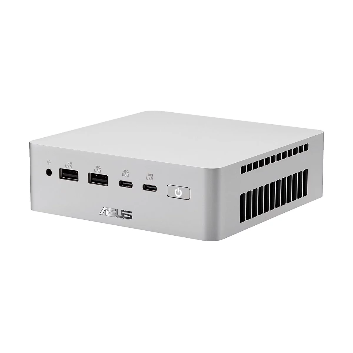 Kompakter silberner ASUS Mini-PC mit Frontanschlüssen für USB, Audio und einem beleuchteten Ein-Aus-Schalter.