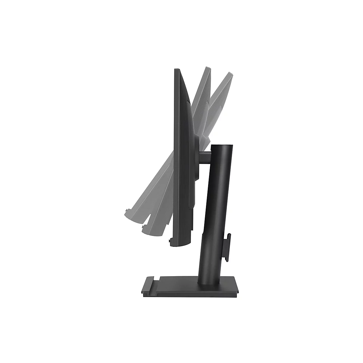 Seitenansicht eines schwarzen Computermonitors auf Standfuß, zeigt die Neigungsmöglichkeiten des Displays.