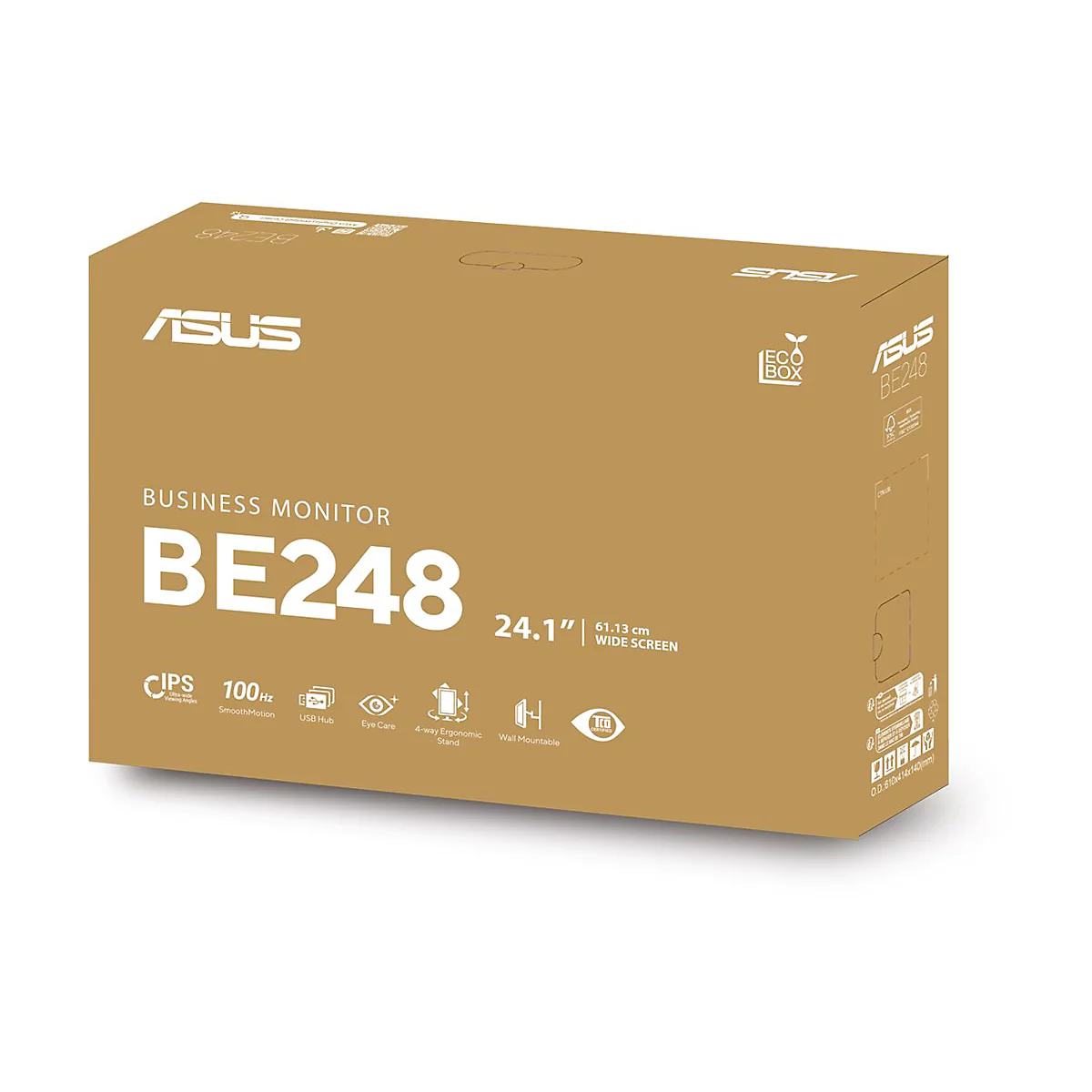 Brauner Pappkarton für einen ASUS BE248 Business Monitor mit weißem Produktlogo und technischen Symbolen.