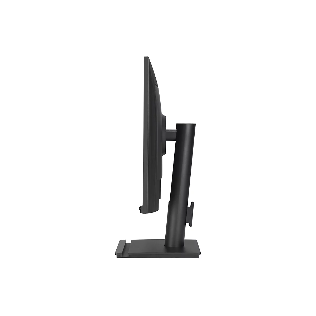 Seitliche Ansicht eines schwarzen Computer-Monitors mit schmalem Standfuß vor weißem Hintergrund.