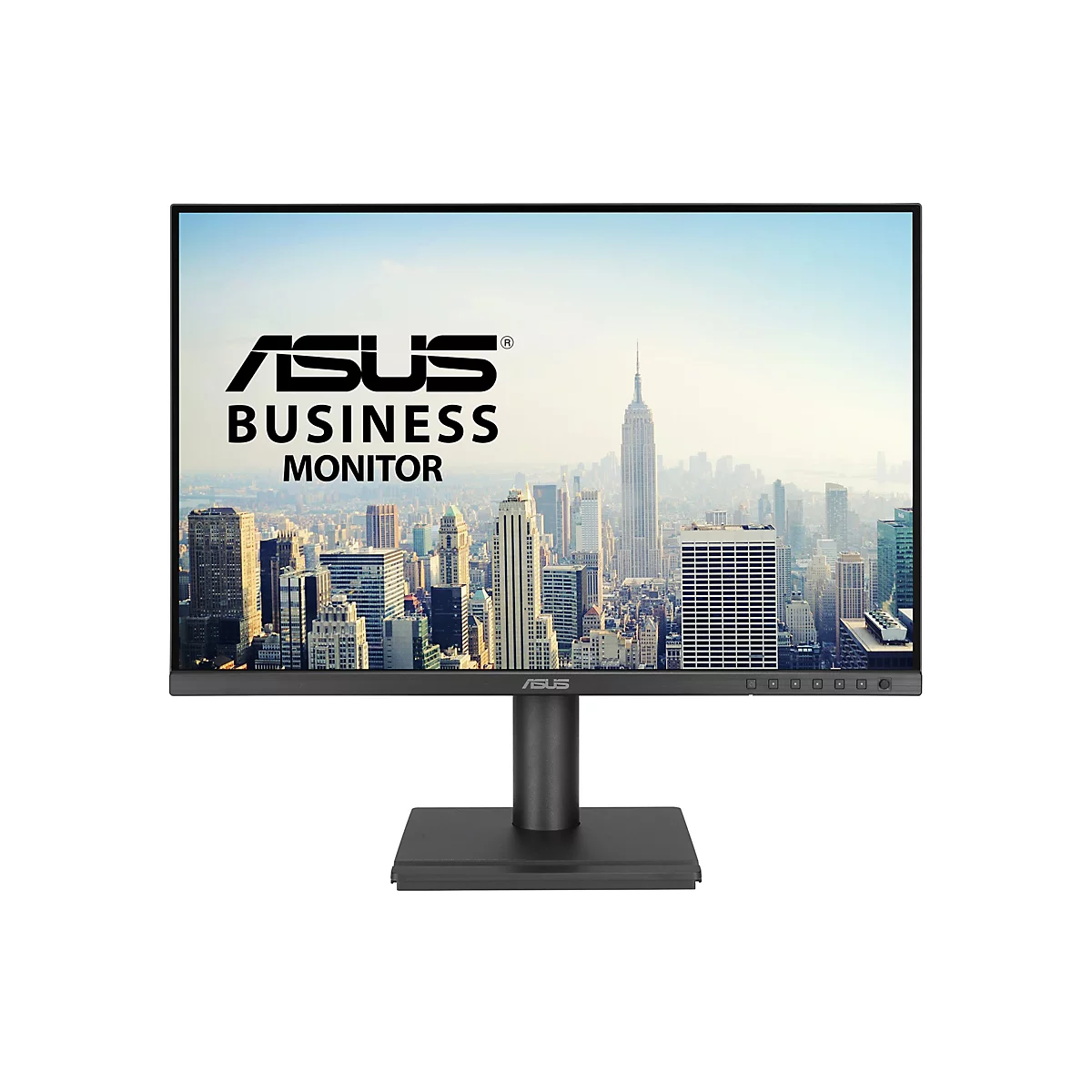 Schwarzer Asus Business Monitor mit dünnen Rändern vor weißem Hintergrund, zeigt eine Skyline im Hintergrund.